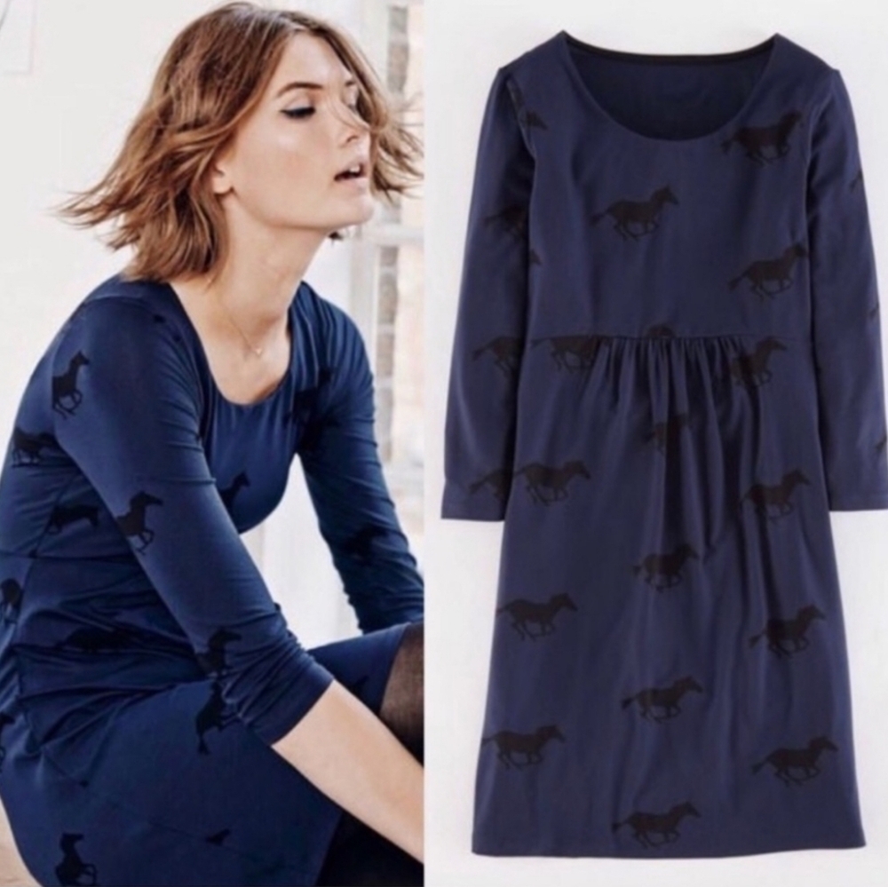 Boden Navy Blue Horse Novelty Print 3/4 Sleeves Women's Stretch Dress Size 4L